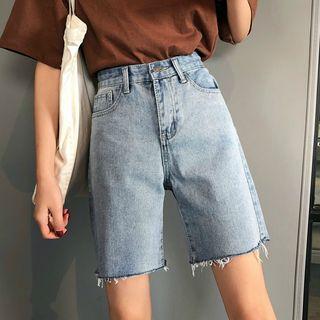 Frayed Edge High-waist Washed Denim Shorts