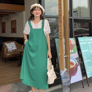 Puff-sleeve Dotted Top / Midi A-line Overall Dress