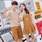 Couple Matching Striped Short-sleeve T-shirt / Applique Pinafore Dress / Plain Shorts