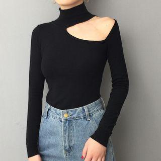 Turtleneck Plain Off Shoulder Cutout Top Black - One Size
