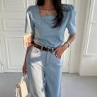 Square-neck Pintuck Denim Blouse