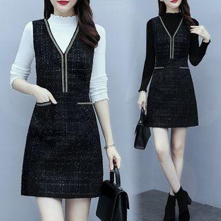 Set: Long-sleeve Plain Ruffled Trim Top + V-neck Tweed Contrast Trim Jumper Dress