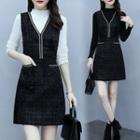 Set: Long-sleeve Plain Ruffled Trim Top + V-neck Tweed Contrast Trim Jumper Dress