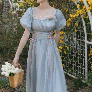 Short-sleeve Flower Accent Midi A-line Dress