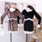 Set: Ruffled-trim Drawstring Velvet Top + Mini Skirt