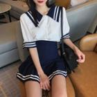 Sailor-collar Short-sleeve Top / High-waist Pleated Skirt