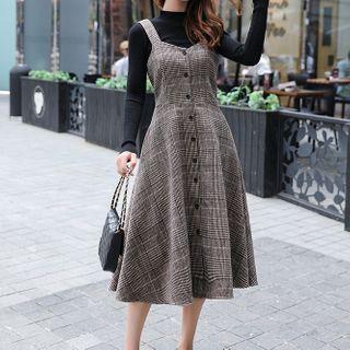 Set: Mock Turtleneck Knit Top + Plaid Midi A-line Pinafore Dress