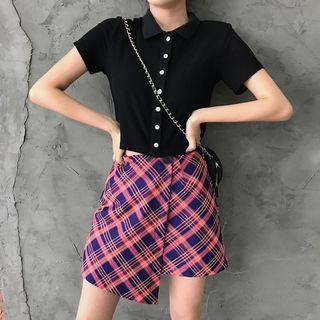 Short-sleeve Cropped Polo Shirt / Plaid Asymmetric A-line Skirt