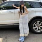 Set: Sleeveless Cut-out Frayed Dress + Plain Top Off-white - One Size