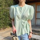 Round Neck Puff Short Sleeve Shirt Green - One Size