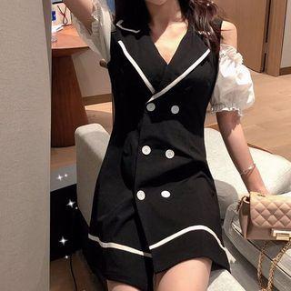 Off-shoulder Contrast Trim Double-breast Dress