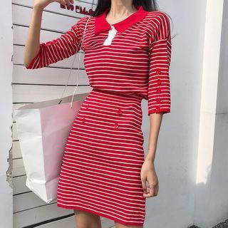 Set: Elbow-sleeve Striped Knit Top + A-line Mini Skirt Red - One Size