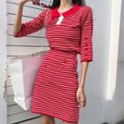 Set: Elbow-sleeve Striped Knit Top + A-line Mini Skirt Red - One Size