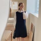 Long-sleeve Print Shirt / Pleated Shift Overall Dress