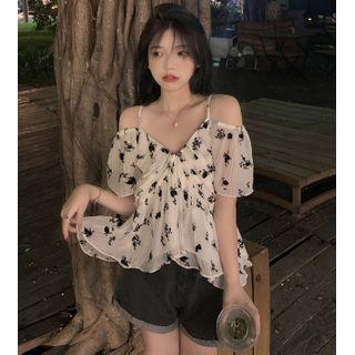 Floral Off Shoulder Oversize Blouse Almond - One Size
