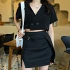 Short-sleeve Double-breasted Cropped Shirt / Buckled Mini A-line Skirt