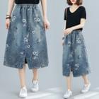 Floral Print Band-waist Denim Midi A-line Skirt