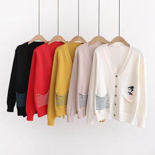 Embroidered Striped Panel V-neck Cardigan