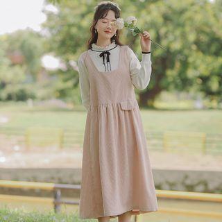 Set: Ribbon Accent Knit Top + Corduroy Midi Overall Dress