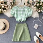 Set: Plaid Puff-sleeve Blouse + A-line Mini Skirt