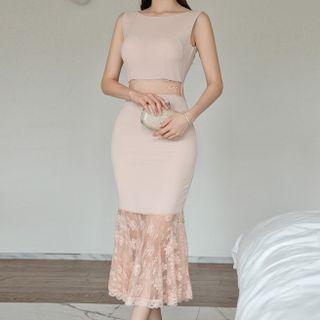 Sleeveless Lace Panel Bow-back Midi Bodycon Dress