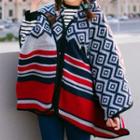 Patterned Hood Scarf Navy Blue & Red & White - One Size