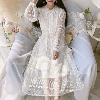 Lace Long-sleeve Midi A-line Dress White - One Size