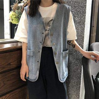 Sleeveless Washed Denim Vest Blue - One Size