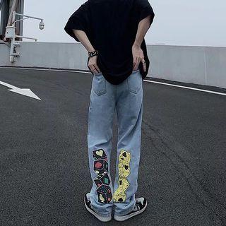 Mid Waist Print Straight Leg Jeans