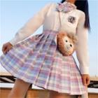 Pleated Plaid A-line Skirt / Short-sleeve Badge Embroidered Shirt / Bow Tie / Shirt / Set