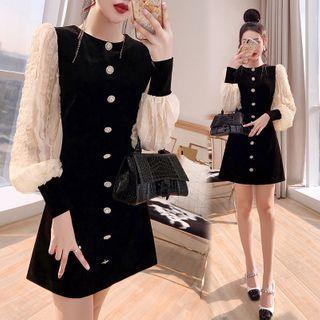 Lantern-sleeve Two-tone Mini A-line Dress