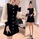 Lantern-sleeve Two-tone Mini A-line Dress