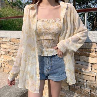 Set: Tie-dye Shirred Camisole Top + Long-sleeve Shirt