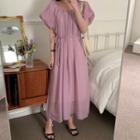 Short-sleeve Plain Chiffon Midi A-line Dress