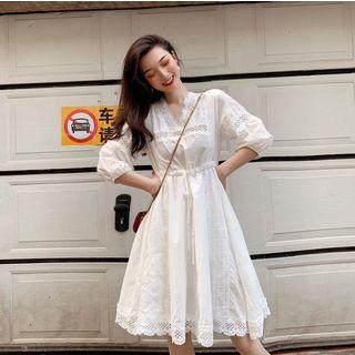 Elbow-sleeve A-line Lace Trim Dress