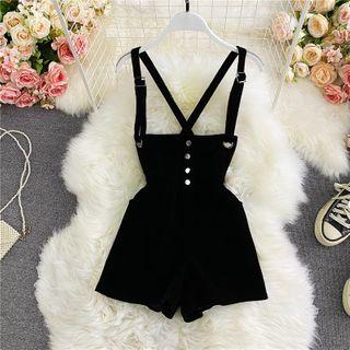 Button-detail Velvet Suspender Playsuit