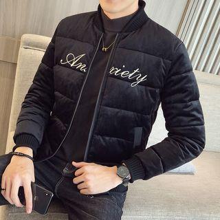 Lettering Embroidered Zip Velvet Padded Jacket