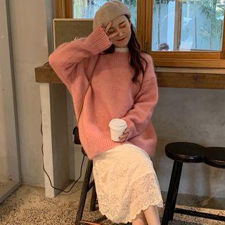 Round Neck Plain Sweater / Stand-collar Lace Midi Dress