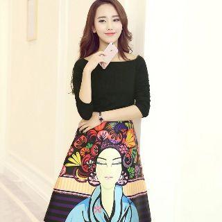 Set: Off-shoulder Top + Printed Skirt