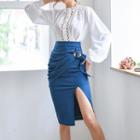 Long-sleeve Perforated Top / Split-side Skirt