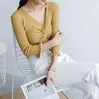 Deep V-neck Knot-front Knit Top