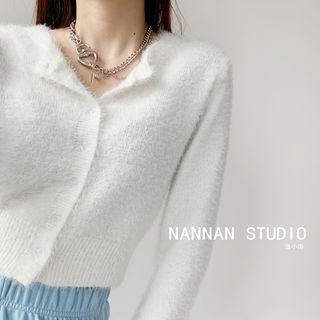 Button-down Furry-knit Crop Top
