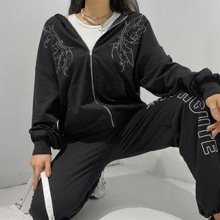 Rhinestone Embellished Hooded Zip Jacket