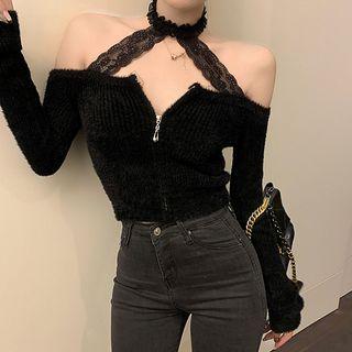 Off-shoulder Lace Halter Knit Top Black - One Size
