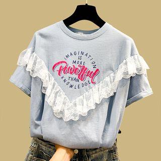 Short-sleeve Lace Trim Lettering T-shirt