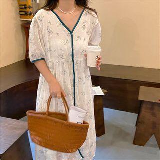 Lantern-sleeve Contrast Trim Single Breasted Floral Dress