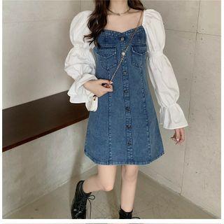 Puff-sleeve Panel Denim Mini A-line Dress