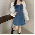 Puff-sleeve Panel Denim Mini A-line Dress