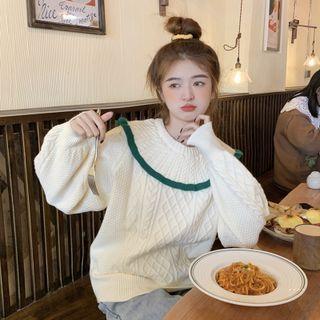 Contrast Trim Cable Knit Long-sleeve Knit Top Almond - One Size