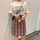 Short-sleeve Letter Print T-shirt / Plaid A-line Mini Skirt